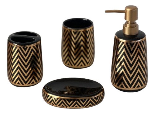 Set De Baño Ceramica Dispenser Jabonera X4 Color Negro Y Dorado Negro/dorado