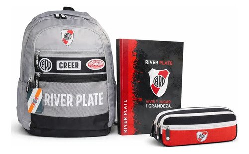 Super Kit Escolar River Plate Mochila + Carpeta + Cartuchera Gris