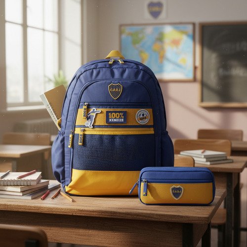 Combo Set Mochila Reforzada + Cartuchera Escolar Boca Junior Amarillo Boca Junior