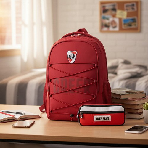 D_765430-MLA107011386791_022026-O-630 Set Combo Mochila Reforzada + Cartuchera Escolar River Plate Gris River - Imagen 1