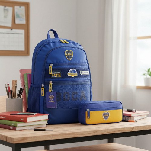 Combo Set Mochila Reforzada + Cartuchera Escolar Boca Junior Azul Boca Junior
